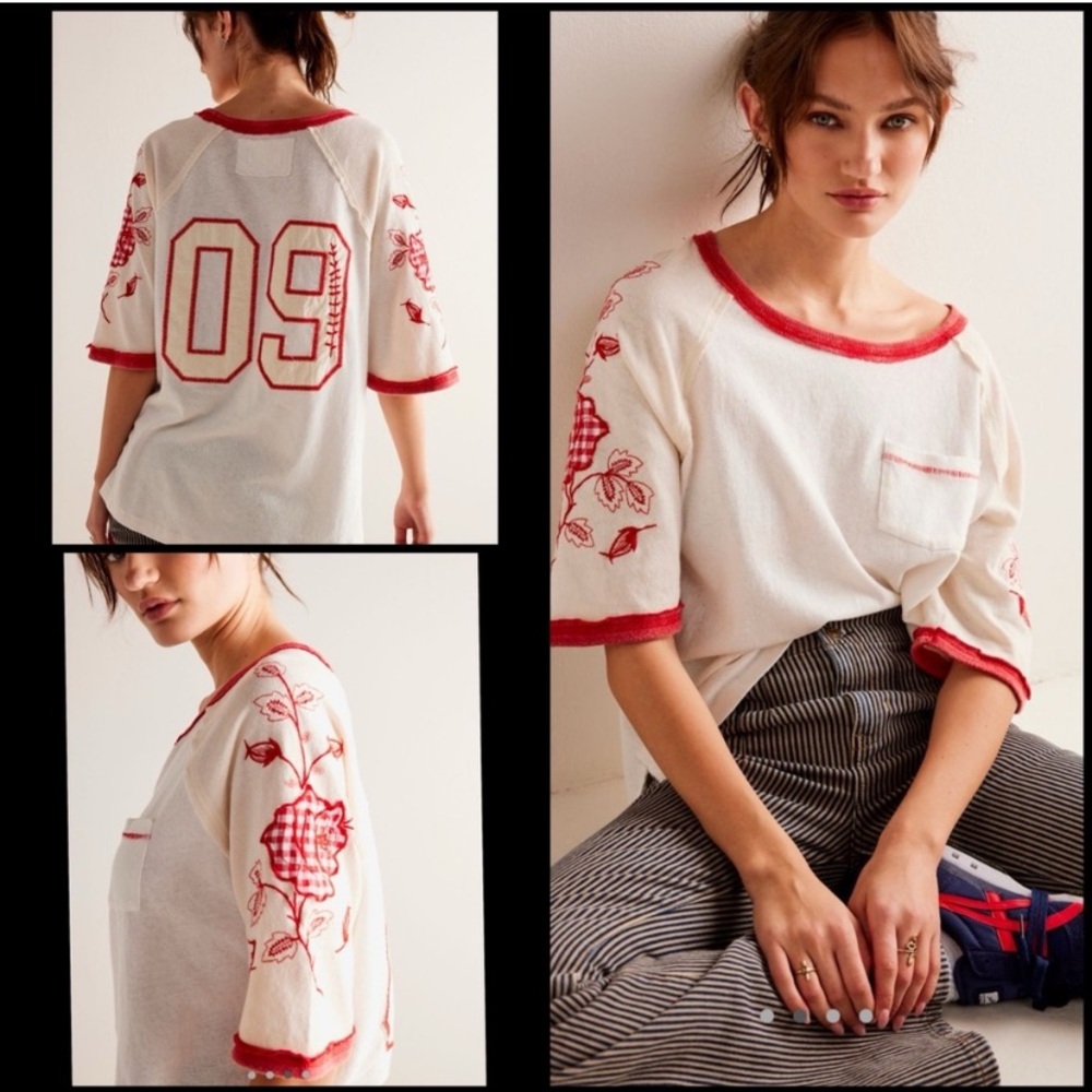 Free People Cream Top with Red Floral Embroidery